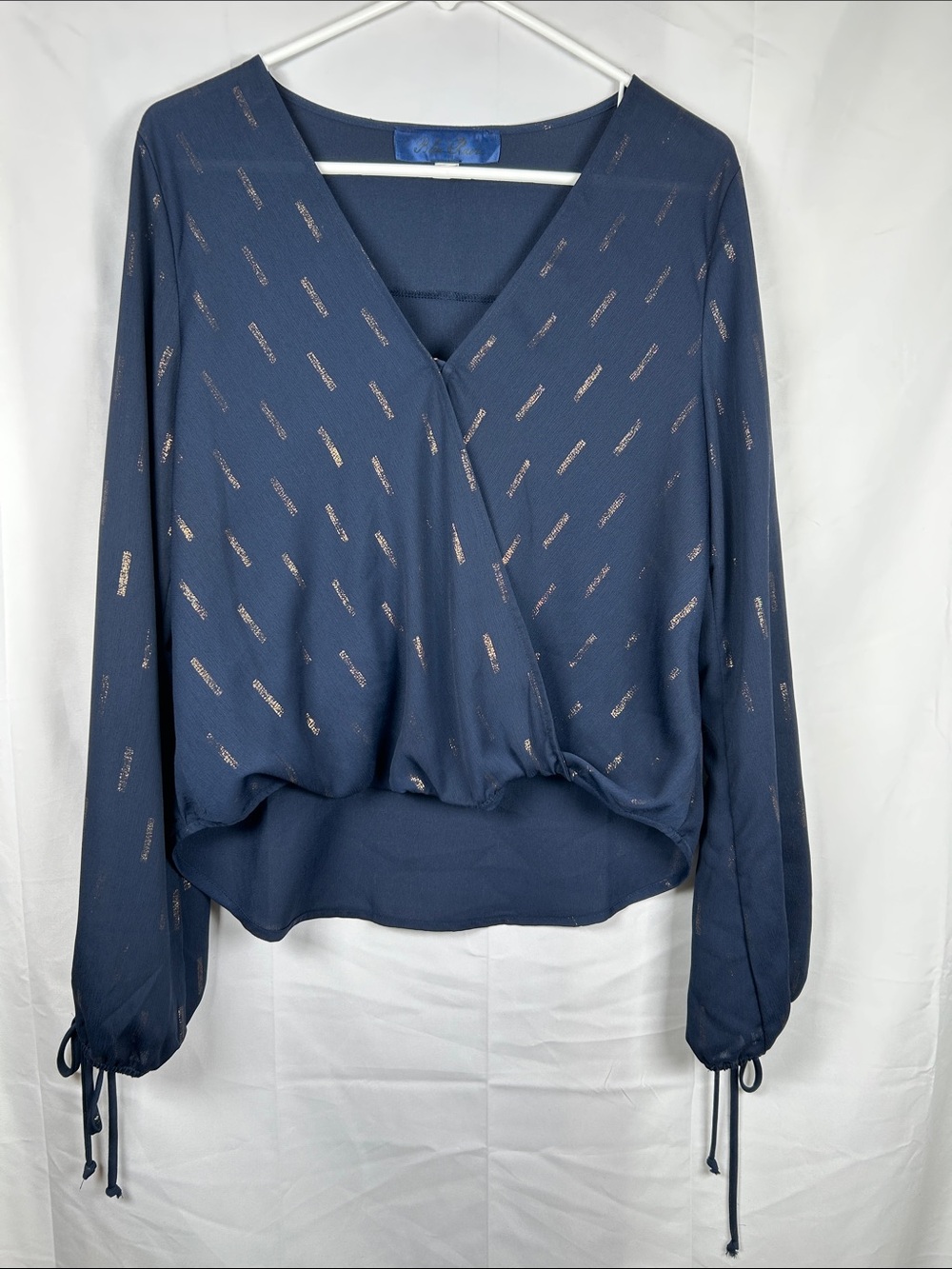 Blue Rain Crop Blouse Women’s Large Navy Blue Gold Tie Sleeves